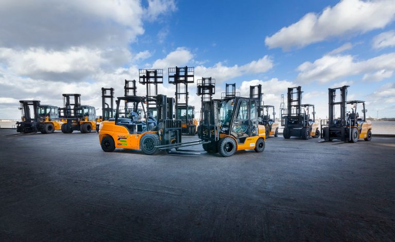 A line of new Hyundai forklift trucks