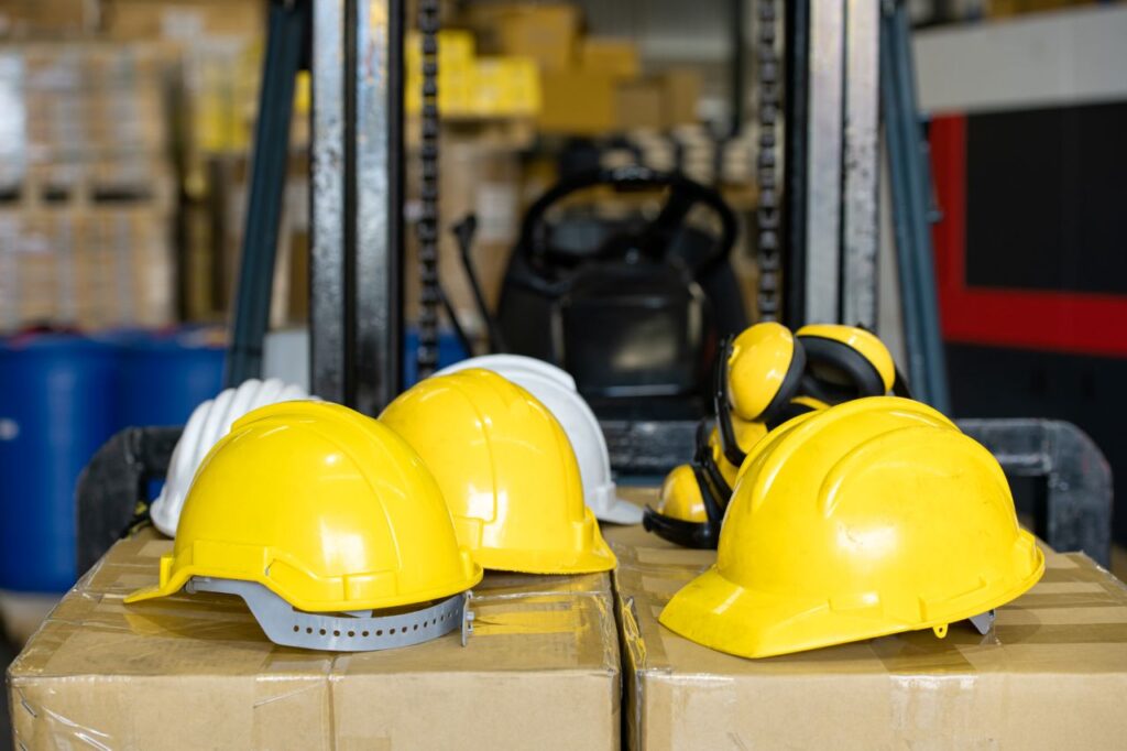 yellow safety helmets on top of boxes