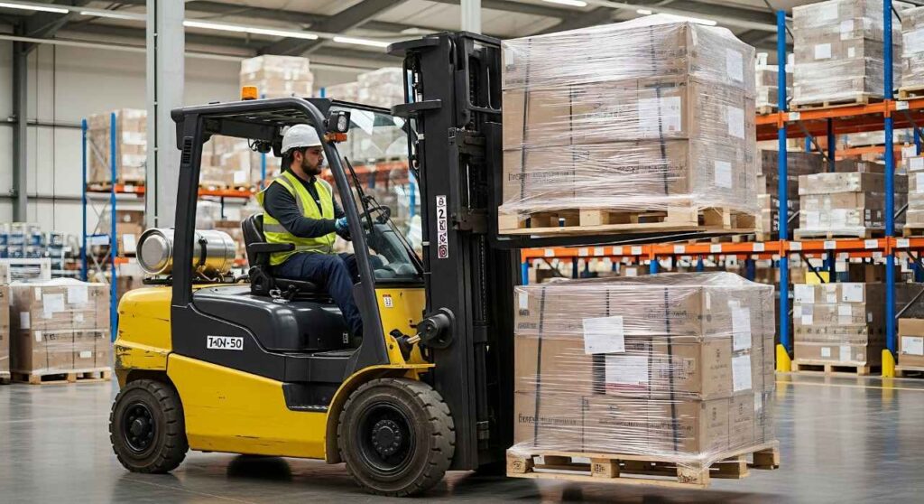 man wearing a white safety helmet operating a forklift