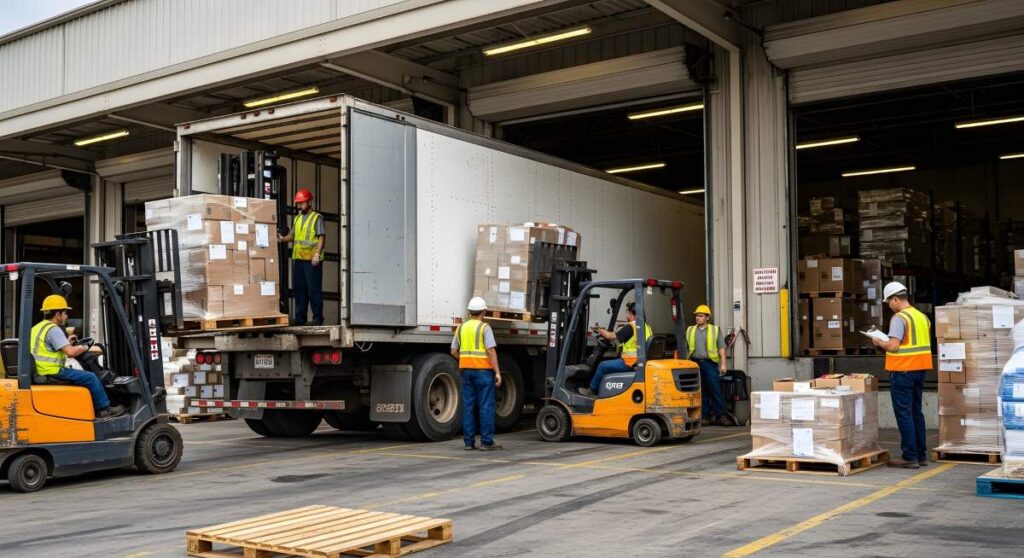 warehouse workers loading boxes on a truck