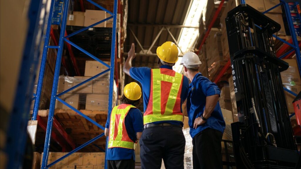 group of warehouse workers discussing