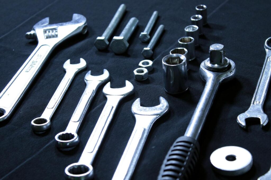 Service tools and parts laid out for planned forklift maintenance