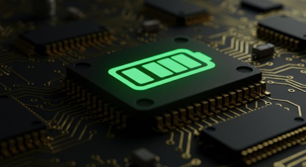 
Electronic circuit board component with glowing battery icon