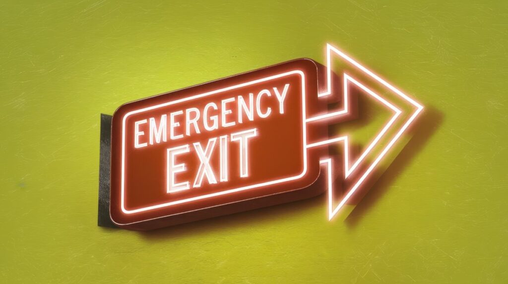 
Emergency Exit Sign With Neon Arrow on a Yellow Wall