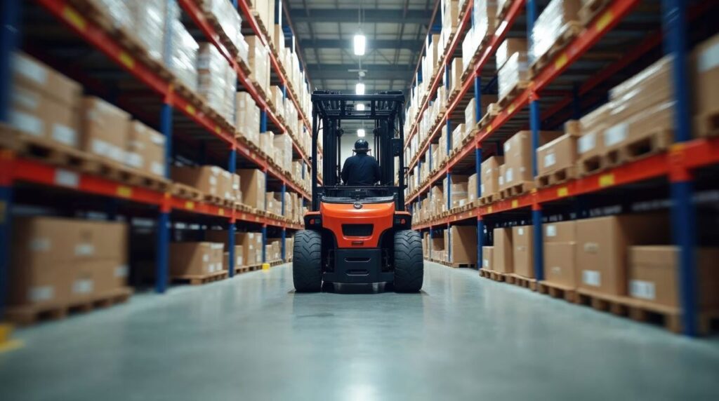 A forklift truck is driving through a warehouse