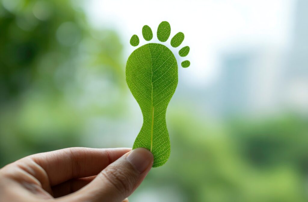 A hand holding a leaf shaped like a human footprint