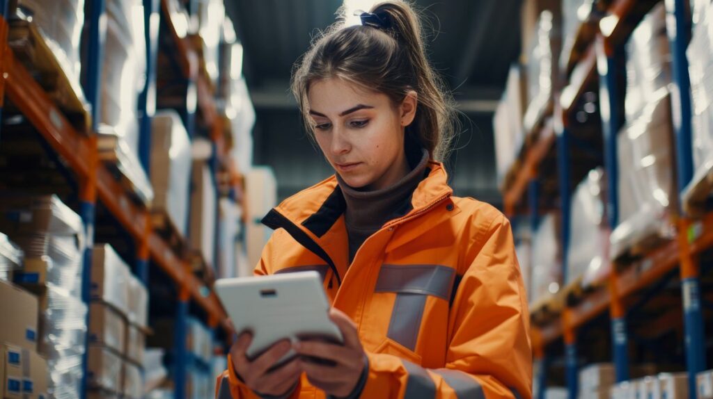 Warehouse worker using digital tablet for inventory management