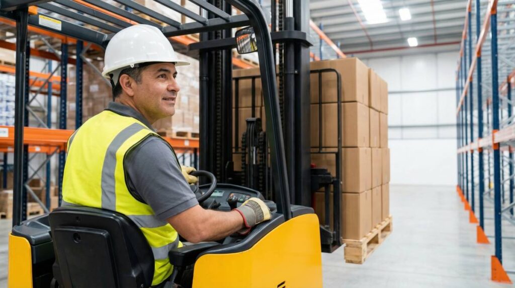 Hispanic male warehouse worker operating a forklift