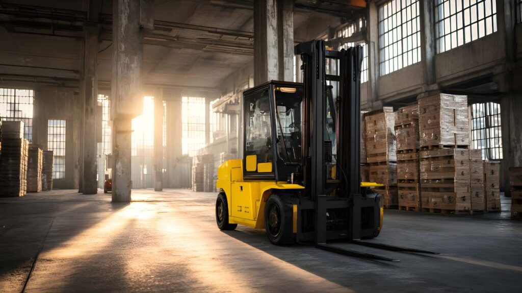 Forklift parked in warehouse with goods ready for shipping