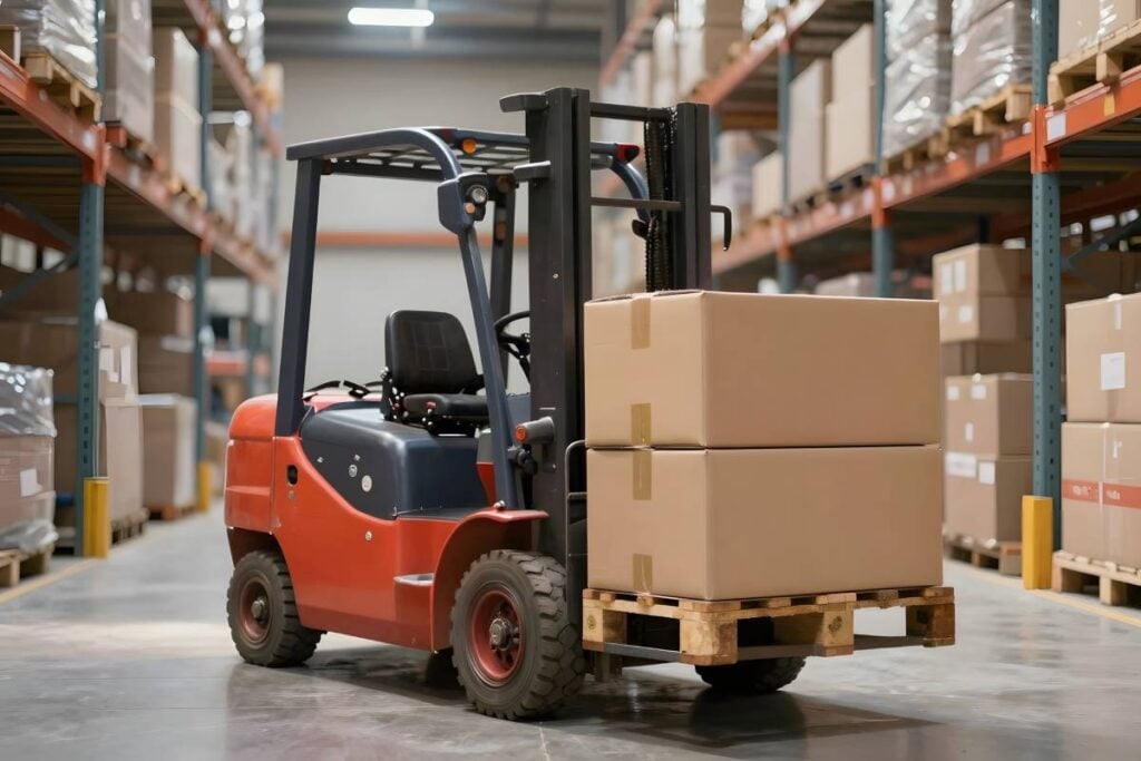 A forklift truck in a warehouse