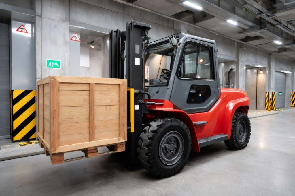 Forklift lifting wooden crate in warehouse