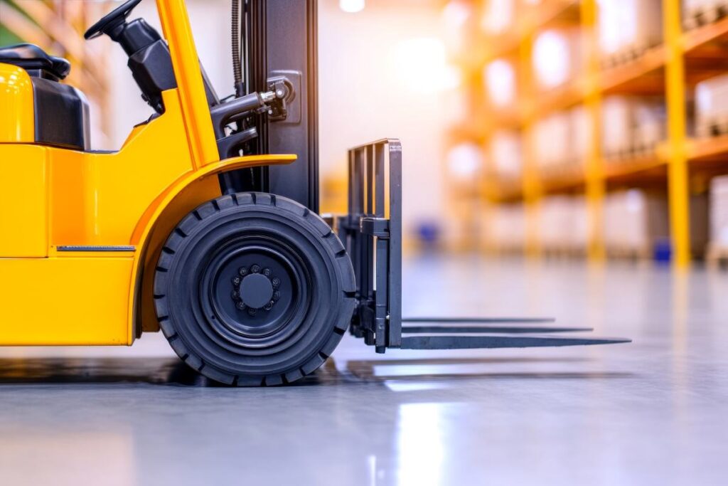 Minimalist view of a forklift in operation at a warehouse during daylight showcasing its hydraulic forks and tires