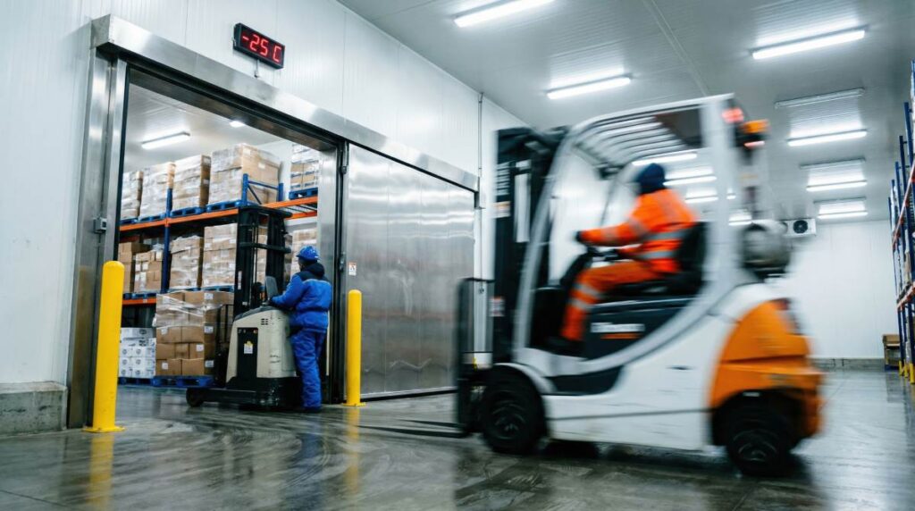 Reach truck working in a cold storage freezer warehouse