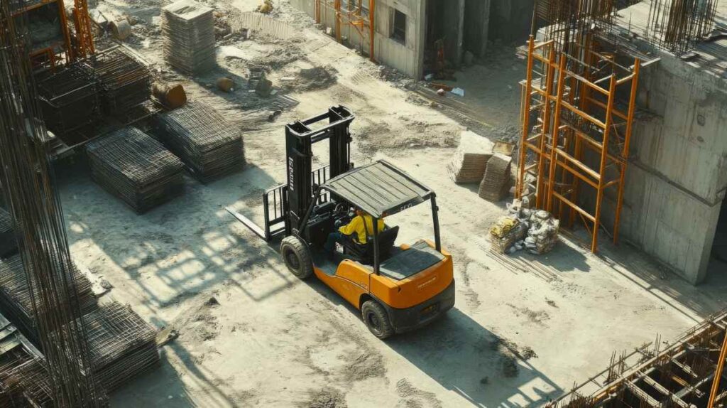 Construction Site with Forklift and Worker