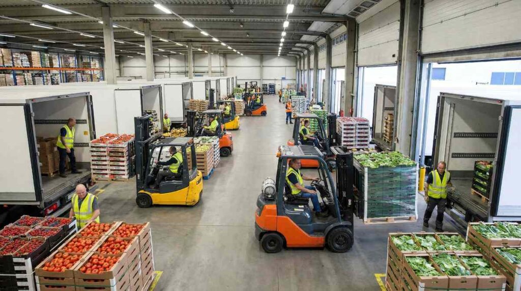 Workers transport fresh produce in a large warehouse for the food industry