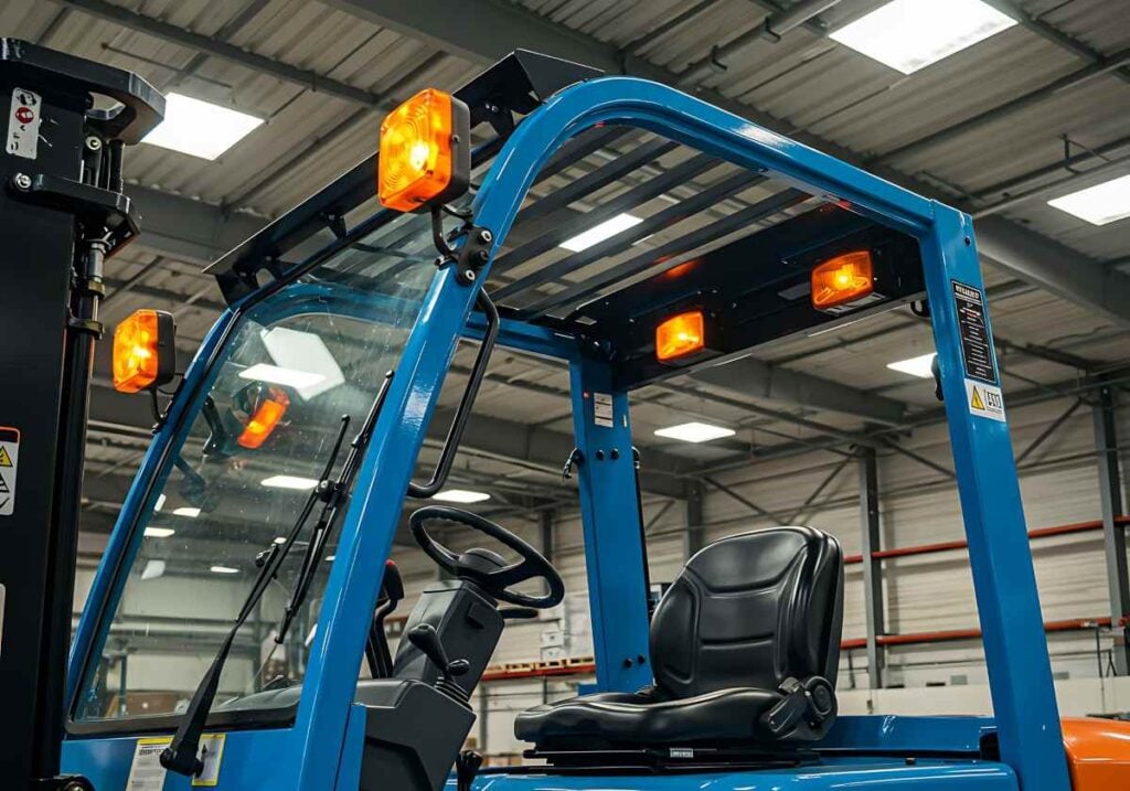 Forklift fitted with amber beacons and work lights