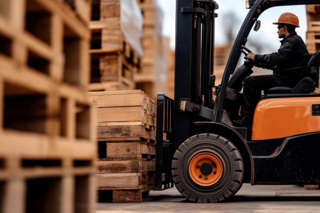 A forklift driver is working on a pallet