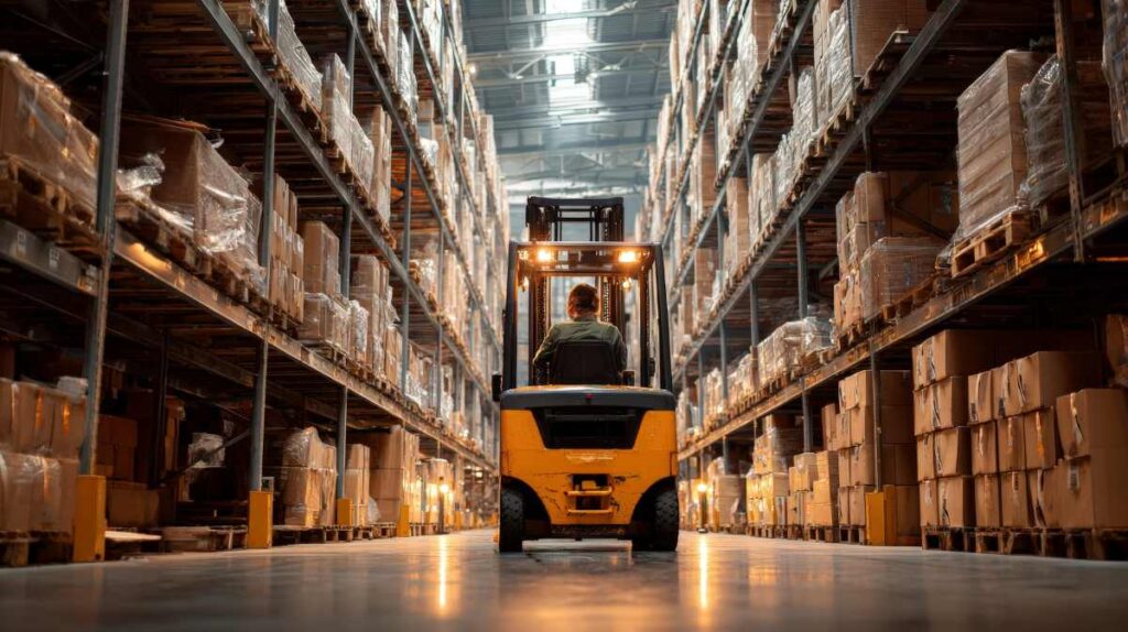 A forklift drives through a busy warehouse, surrounded by packed shelves and goods