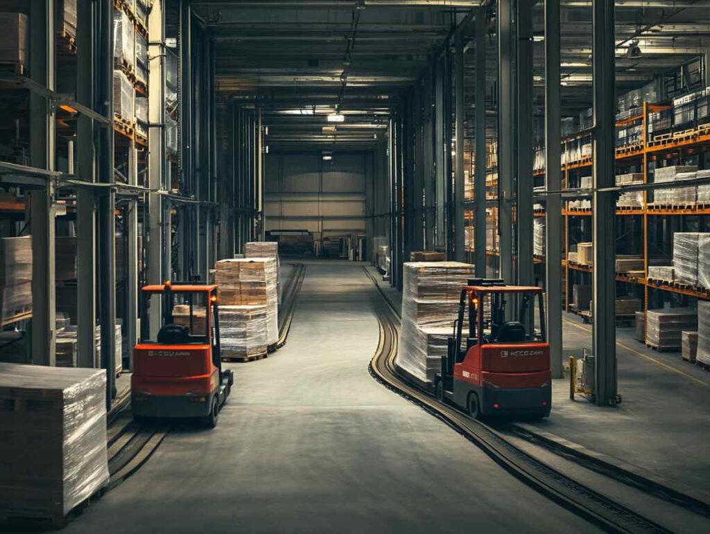 Warehouse Interior with Two Forklifts and Storage Racks