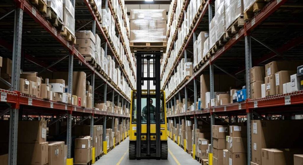 Forklift operating in a large warehouse aisle