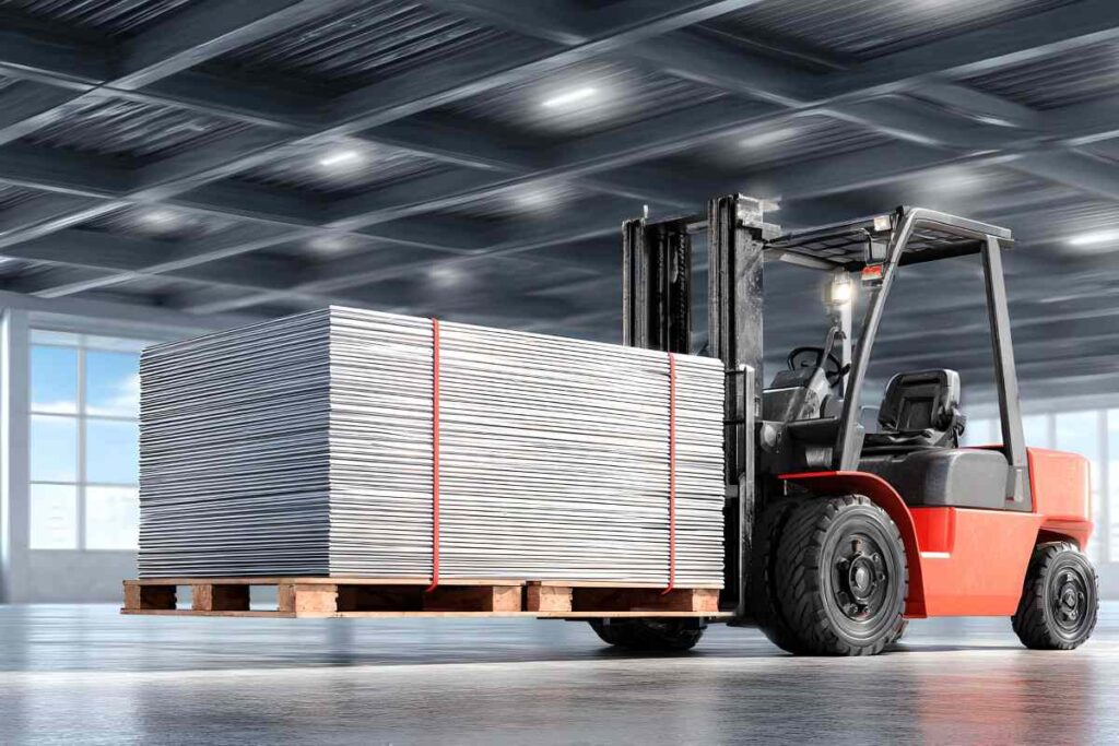 A forklift truck is driving in a warehouse
