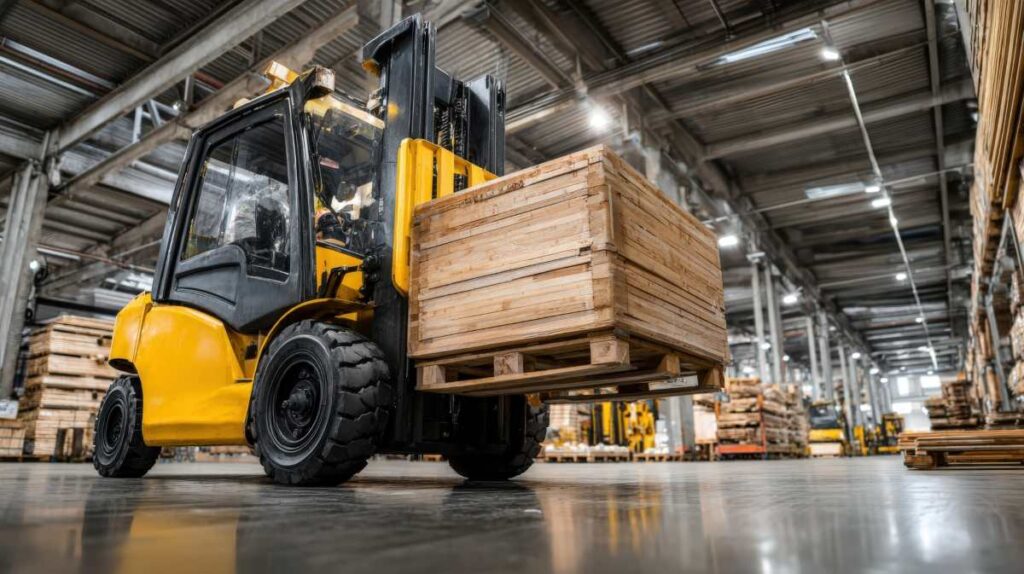 Forklift Transporting Wooden Pallet Boxes in Warehouse Environment for Distribution and Manufacturing Operations