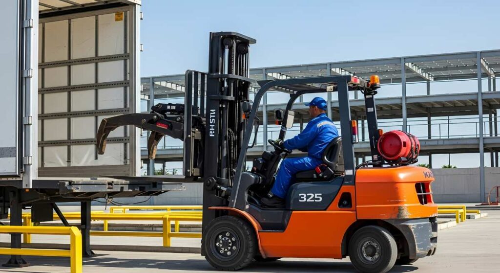 Forklift Operator Loading Trailer with Claws in Logistics Yard Industrial Warehouse Operations