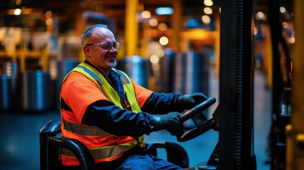 Smiling Warehouse Worker Operating a Forklift