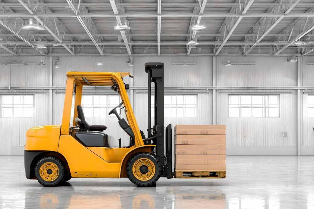A forklift truck in a warehouse with boxes on the ground