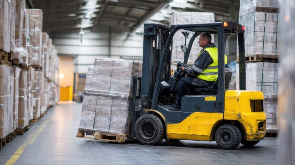 Warehouse worker wearing reflective vest operates forklift in busy storage facility during daytime