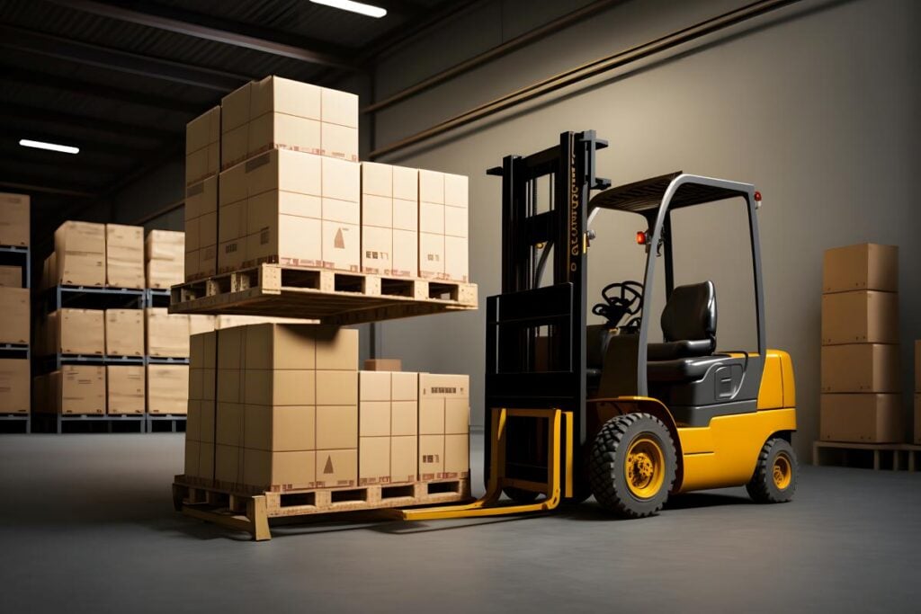 Warehouse with fully loaded forklift between rows in the big interior space