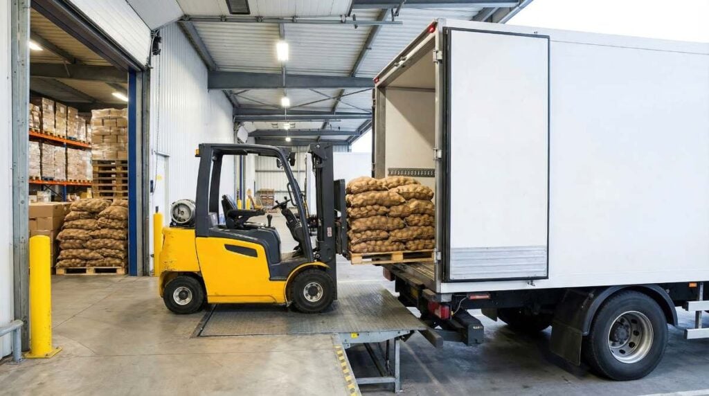 Forklift loads potatoes onto truck at food packaging facility for distribution