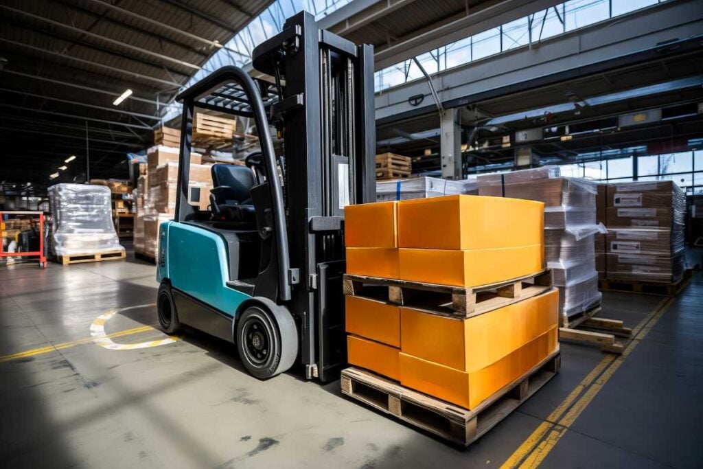 A forklift lifts product pallets in a large warehouse