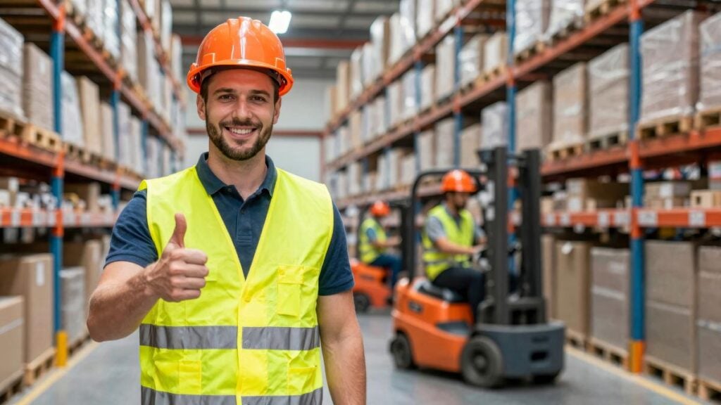 Worker in Warehouse Gives Thumbs up While Wearing Safety Gear During Busy Day of Operations