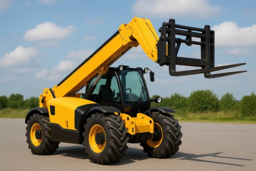 Yellow Telescopic Handler Stands Ready for Work on Concrete Surface